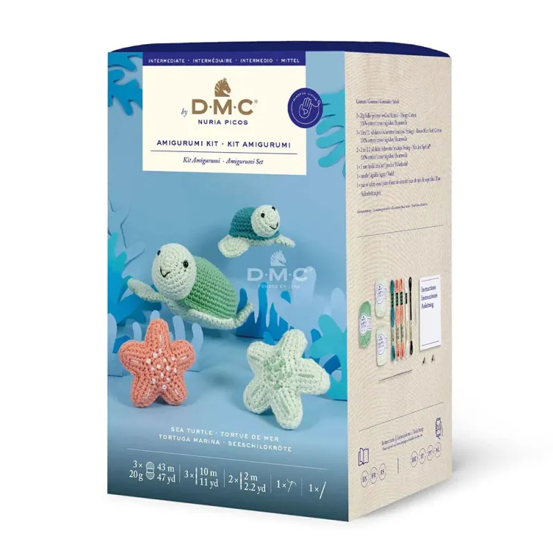 Kit crochet débutant Amigurumi Tortue Ocean DMC avec fils Happy Cotton et crochet inclus.