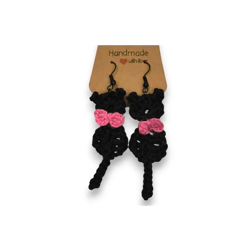 Boucles d'oreilles en crochet en forme de Chats Noirs avec un noeud rose
