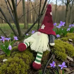 Grand gnome Hector en crochet assis dans la forêt avec bonnet bordeaux et longues jambes rayées. Vue de côté.