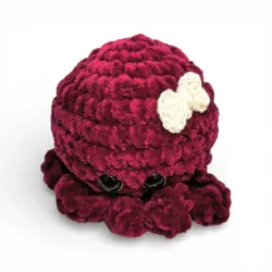 Doudou pieuvre kawaii fait main texture velours bordeaux et blanc.